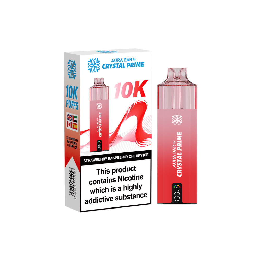 Crystal Prime Aura Bar 10k Vape Kit Box of 5 Strawberry Raspberry Cherry Ice