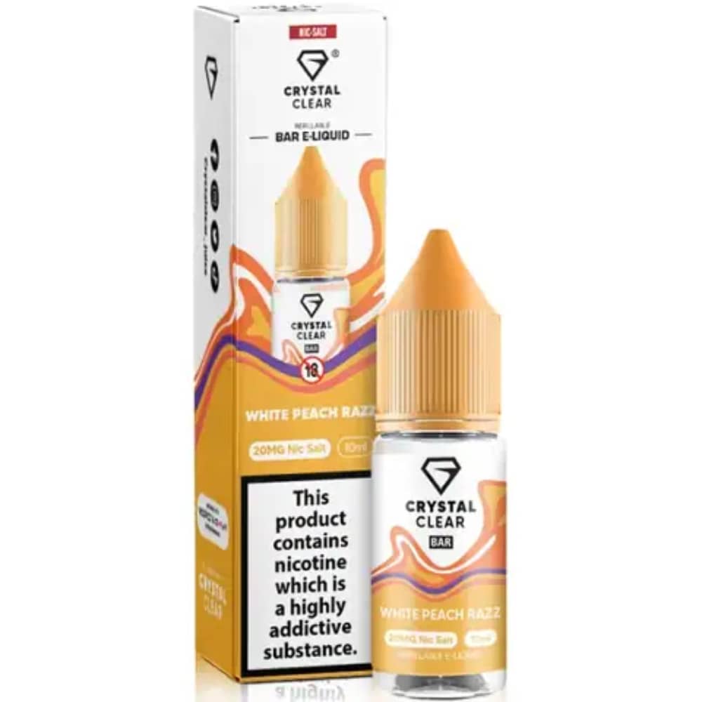 Crystal Clear Nic Salts e liquids 10ml Box of 10 White Peach Razz 10mg