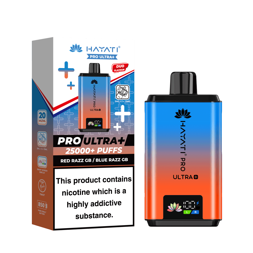 Hayati Pro Ultra Plus 25k Vape Kit Box of 5 Red Razz GB /Blue Razz GB